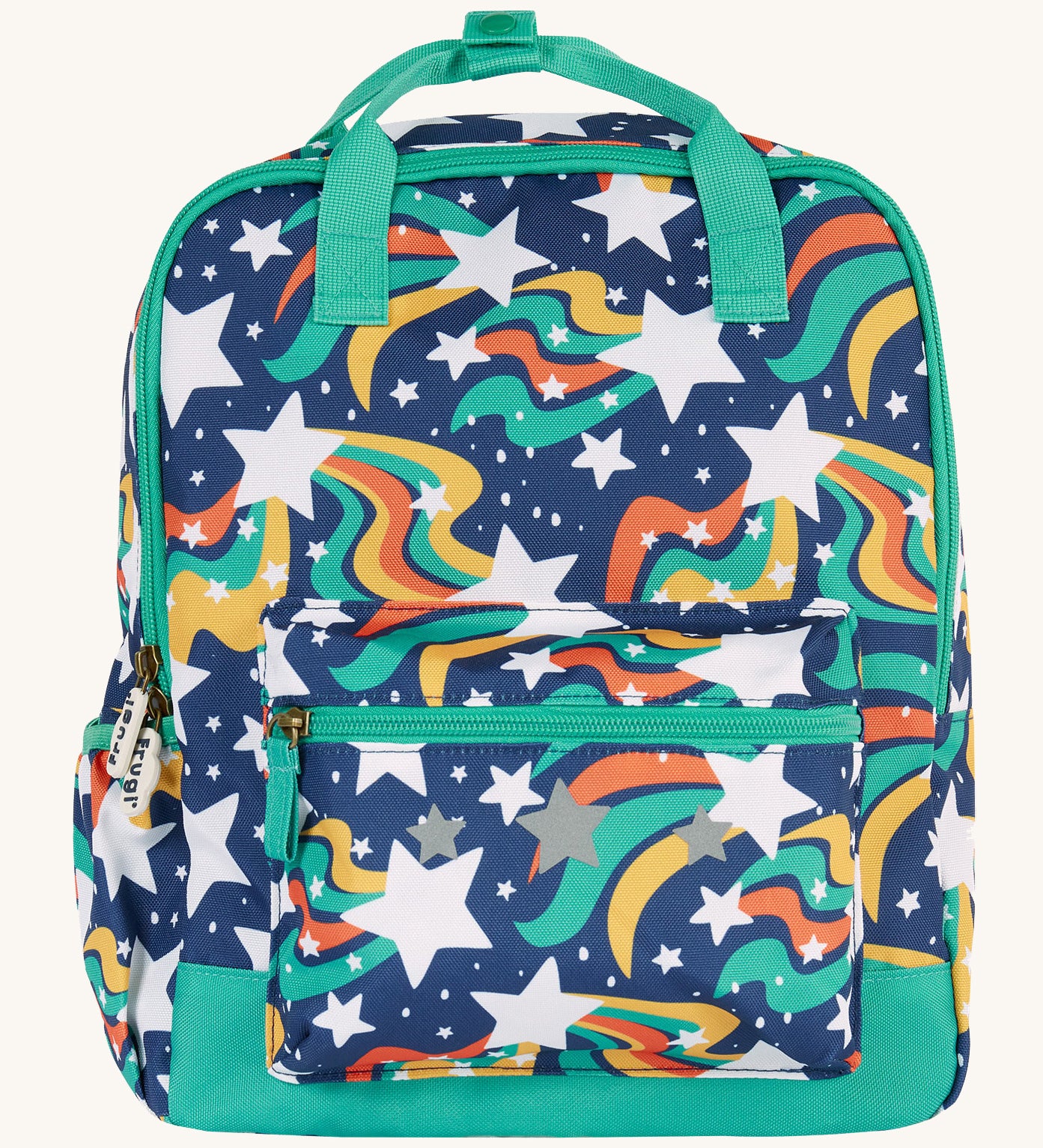 Frugi explorers backpack in magic stars. A navy backpack with turquoise trim and a outer space inspired design. Features a main compartment a smaller compartment on the front and a bottle holder