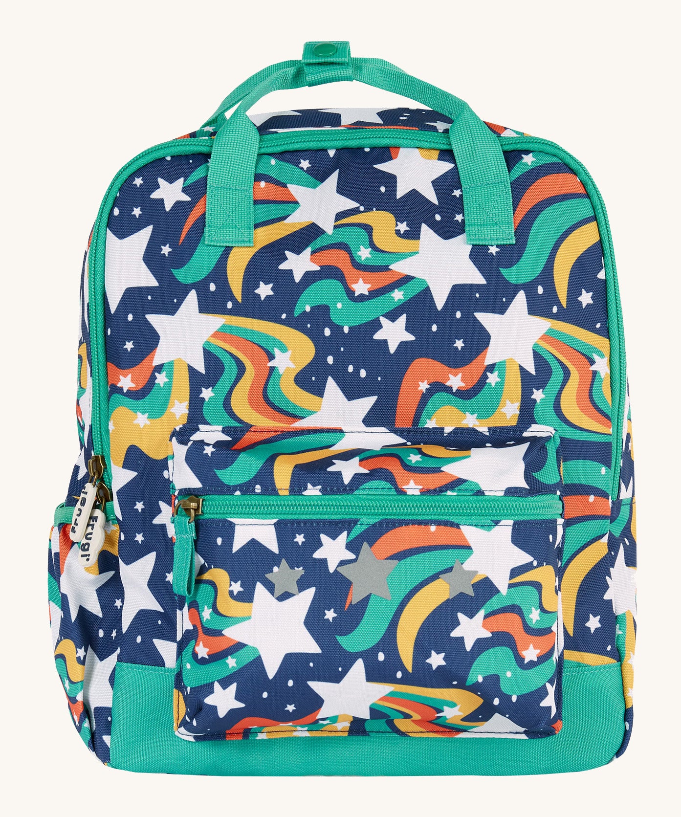 Frugi explorers backpack in magic stars. A navy backpack with turquoise trim and a outer space inspired design. Features a main compartment a smaller compartment on the front and a bottle holder
