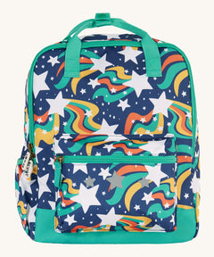 Frugi explorers backpack in magic stars. A navy backpack with turquoise trim and a outer space inspired design. Features a main compartment a smaller compartment on the front and a bottle holder