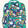 Frugi explorers backpack in magic stars. A navy backpack with turquoise trim and a outer space inspired design. Features a main compartment a smaller compartment on the front and a bottle holder