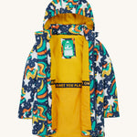 Frugi kids playtime coat in magic stars. A long length hooded coat with playful outer space inspired design and a yellow fleece inner for warmth. Features 2 side pockets, a full length zip and name tag stitched on the inside.
