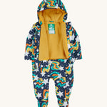Frugi 2 in 1 rambler pram suit to coat in magic stars. A 2 in 1 outfit in a playful outer space inspired design which features popper fasteners on the trousers that can detach from the matching coat