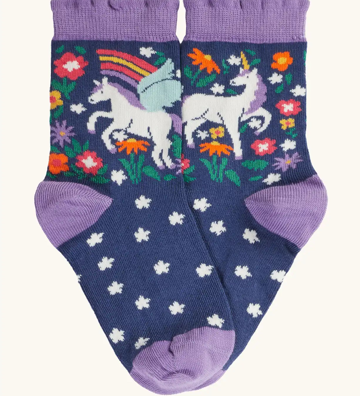 Frugi magical organic cotton frill socks 2 pack. Th navy pair with flowers and a pegasus .