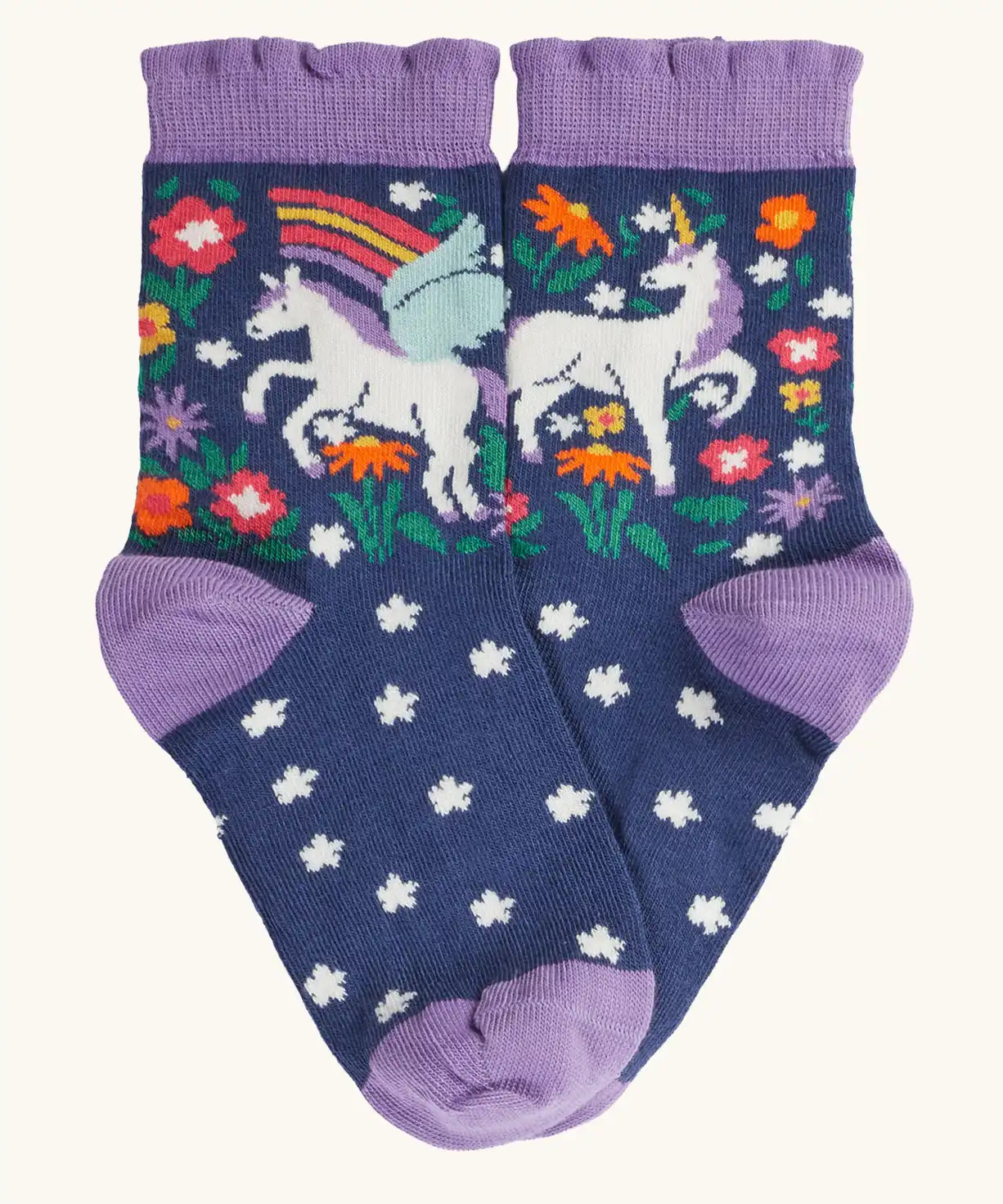 Frugi magical organic cotton frill socks 2 pack. Th navy pair with flowers and a pegasus .