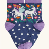 Frugi magical organic cotton frill socks 2 pack. Th navy pair with flowers and a pegasus .