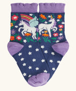 Frugi magical organic cotton frill socks 2 pack. Th navy pair with flowers and a pegasus .