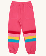 Frugi Malpas rose pink rainbow applique organic cotton joggers. The joggers coordinate with other items from Frugi's Autumn Winter range available at Babipur. 