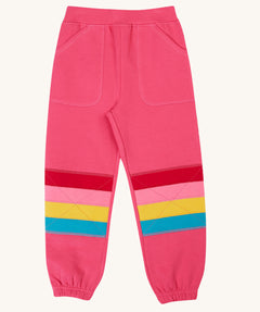 Frugi Malpas rose pink rainbow applique organic cotton joggers. The joggers coordinate with other items from Frugi's Autumn Winter range available at Babipur. 