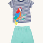 Frugi Marco Outfit laid flat, featuring a  Navy Blue Stripe t-shirt with an embroidered Parrot, and shorts in the colour Moss.