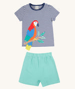 Frugi Marco Outfit laid flat, featuring a  Navy Blue Stripe t-shirt with an embroidered Parrot, and shorts in the colour Moss.