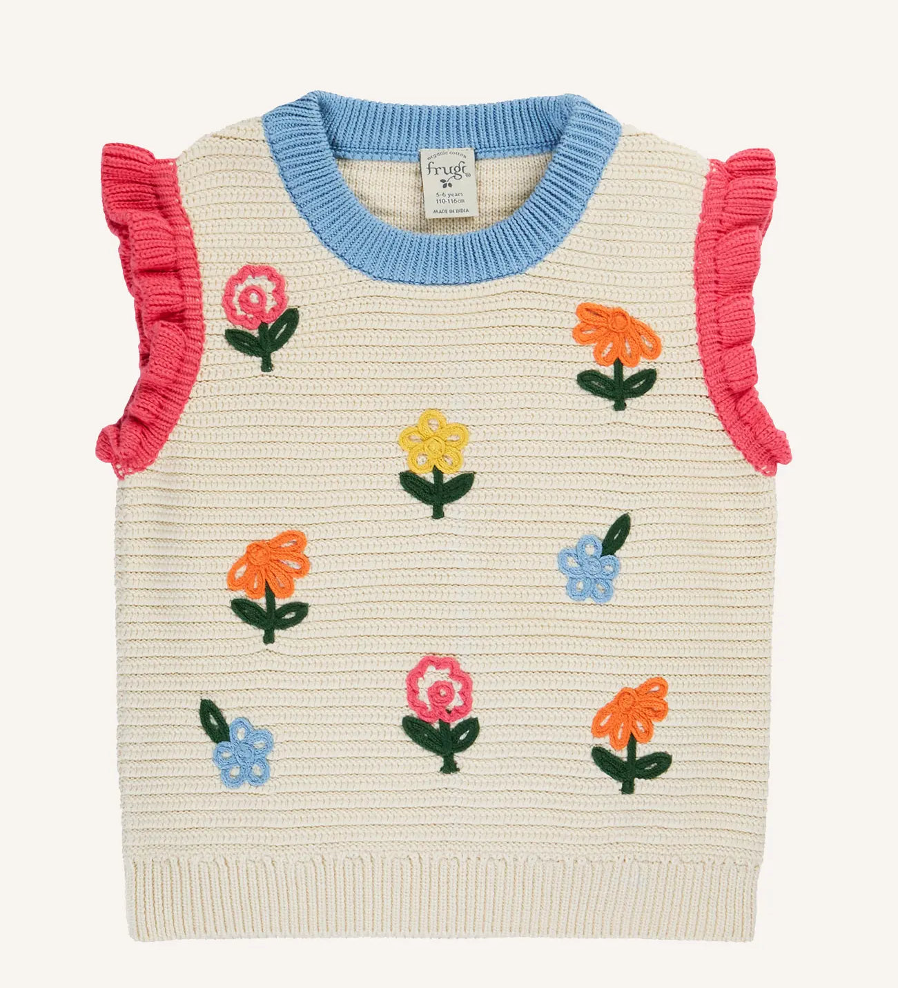 Frugi margot natural cream knitted tank top with flowers and pink ruffled shoulder cuffs.