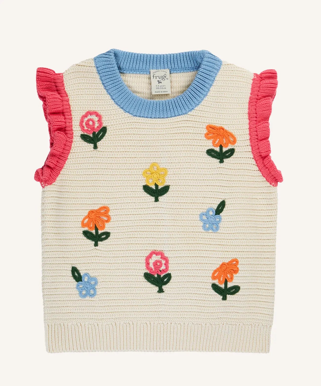 Frugi margot natural cream knitted tank top with flowers and pink ruffled shoulder cuffs.