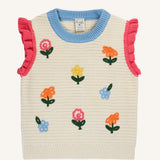 Frugi margot natural cream knitted tank top with flowers and pink ruffled shoulder cuffs.