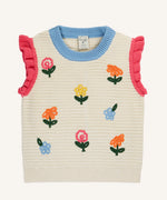 Frugi margot natural cream knitted tank top with flowers and pink ruffled shoulder cuffs.