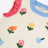 Frugi GOTS 100% organic cotton natural knitted tank top in cream showing a baby blue neck line, pink shoulder cuffs and flower embroideries