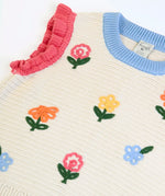 Frugi GOTS 100% organic cotton natural knitted tank top in cream showing a baby blue neck line, pink shoulder cuffs and flower embroideries