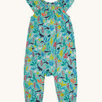 Frugi Maris Playsuit laid flat, featuring a Sea Life print which includes different sea animals and colourful seaweed and coral on a mint blue background.