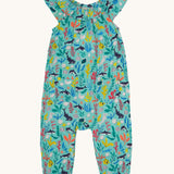 Frugi Maris Playsuit laid flat, featuring a Sea Life print which includes different sea animals and colourful seaweed and coral on a mint blue background.