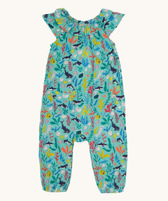 Frugi Maris Playsuit laid flat, featuring a Sea Life print which includes different sea animals and colourful seaweed and coral on a mint blue background.
