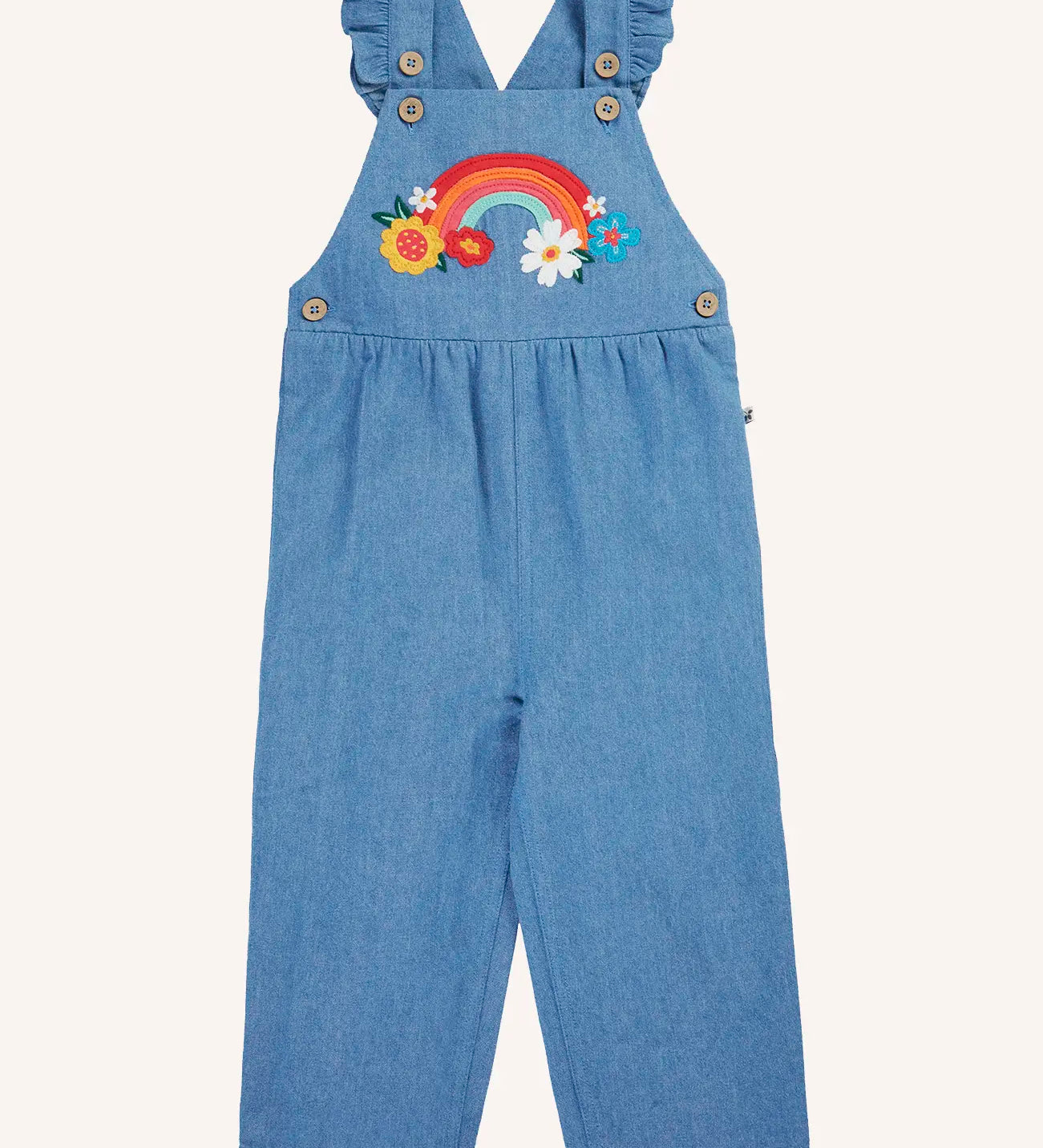 Frugi mia denim dungaree with ruffle shoulders and rainbow applique design on the front. 