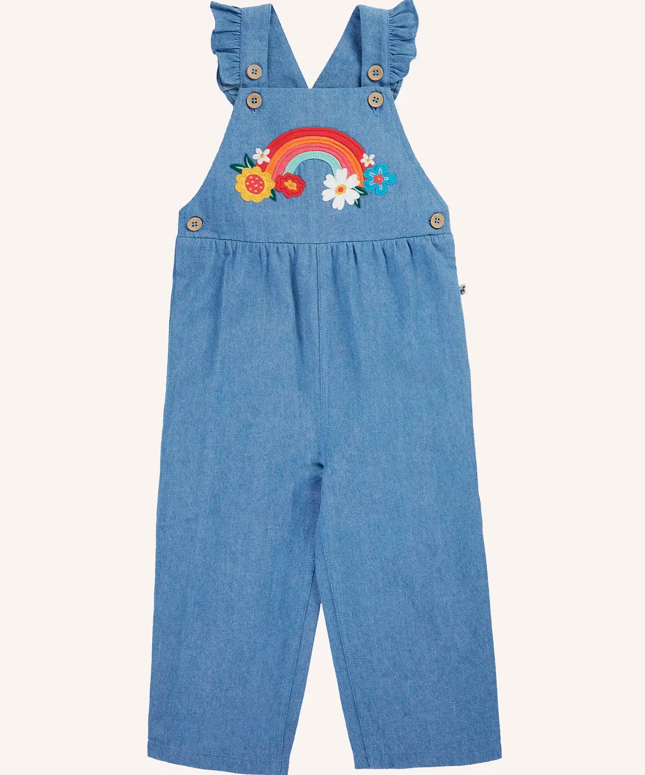 Frugi mia denim dungaree with ruffle shoulders and rainbow applique design on the front. 