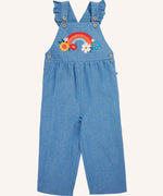 Frugi mia denim dungaree with ruffle shoulders and rainbow applique design on the front. 