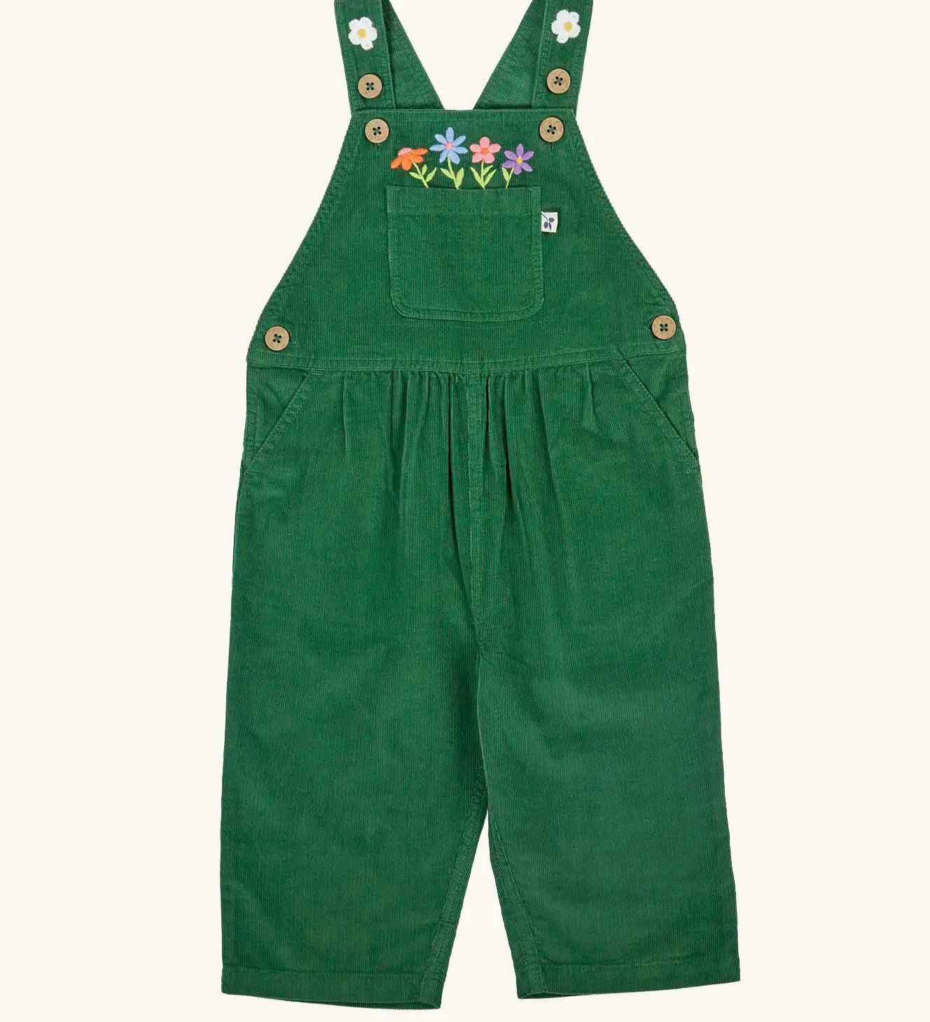 Frugi Miley holly green cord dungaree with flowers embroidery details.