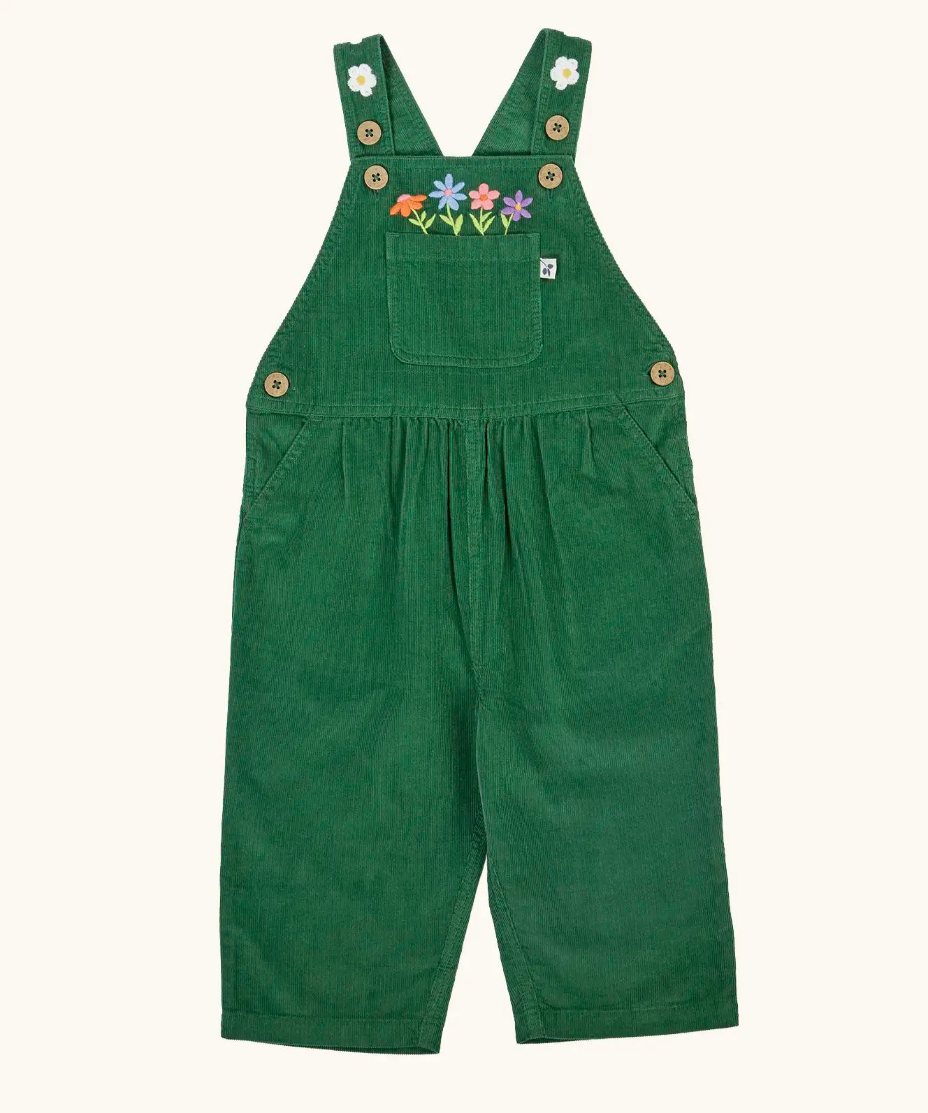 Frugi Miley holly green cord dungaree with flowers embroidery details.