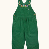 Frugi Miley holly green cord dungaree with flowers embroidery details.