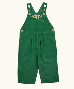 Frugi Miley holly green cord dungaree with flowers embroidery details.