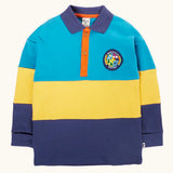Frugi mullion long sleeve organic cotton rugby top in a hotchpotch colourblock design with a navigate nature circular badge on the chest.