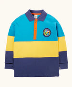 Frugi mullion long sleeve organic cotton rugby top in a hotchpotch colourblock design with a navigate nature circular badge on the chest.