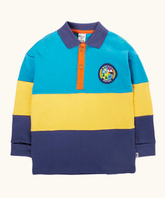 Frugi mullion long sleeve organic cotton rugby top in a hotchpotch colourblock design with a navigate nature circular badge on the chest.