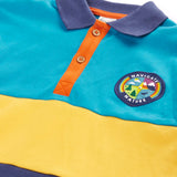 Frugi mullion long sleeve organic cotton rugby top in a hotchpotch colourblock design with a navigate nature circular badge on the chest.