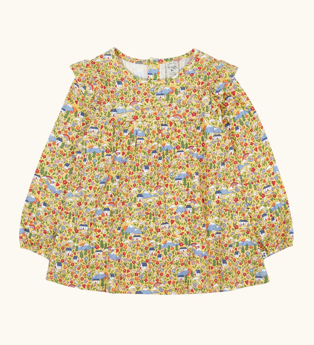 Frugi Natasha long sleeve organic cotton top in yellow with an all over highland houses themed print. Frilled collar and elasticated sleeves.