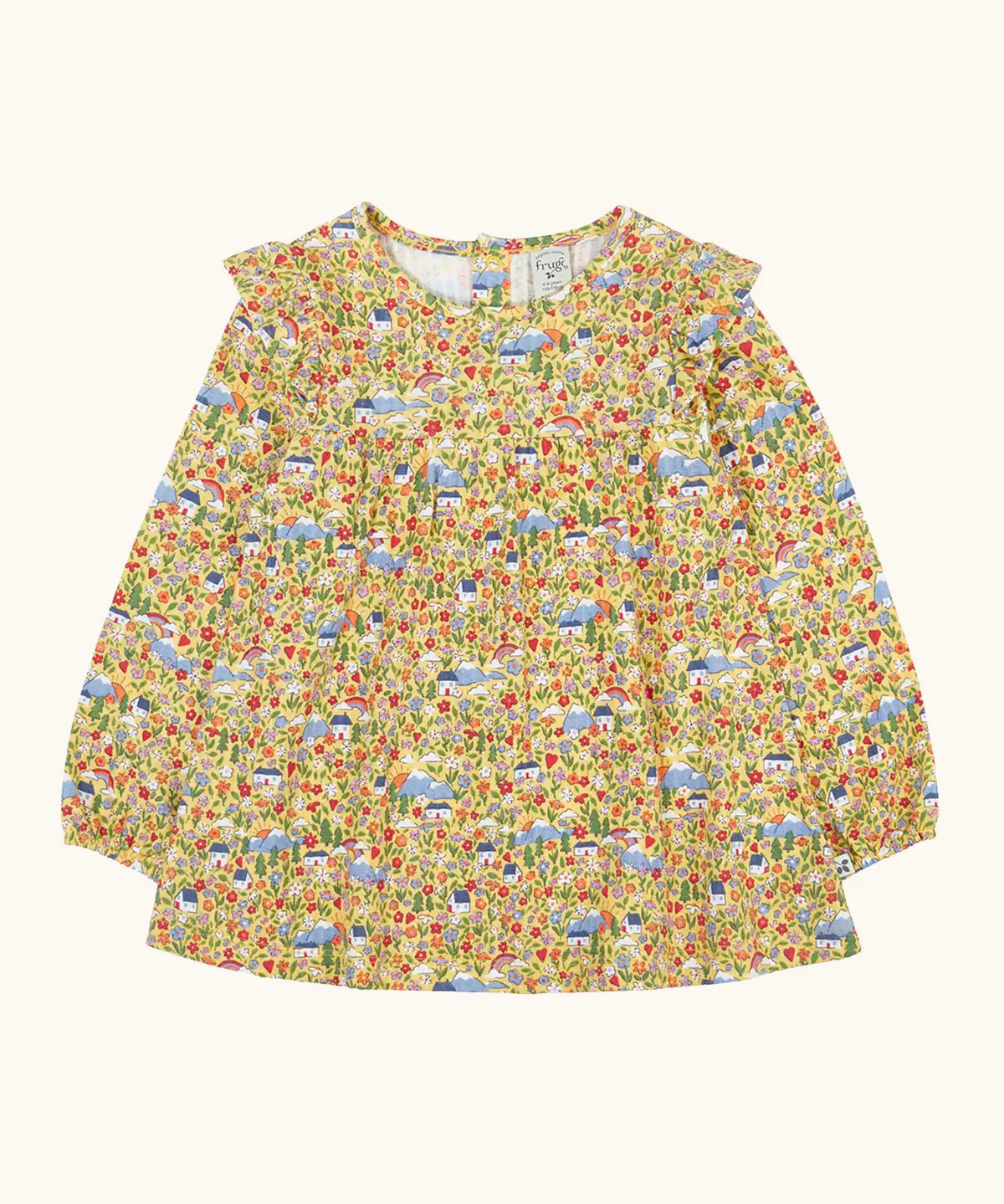 Frugi Natasha long sleeve organic cotton top in yellow with an all over highland houses themed print. Frilled collar and elasticated sleeves.
