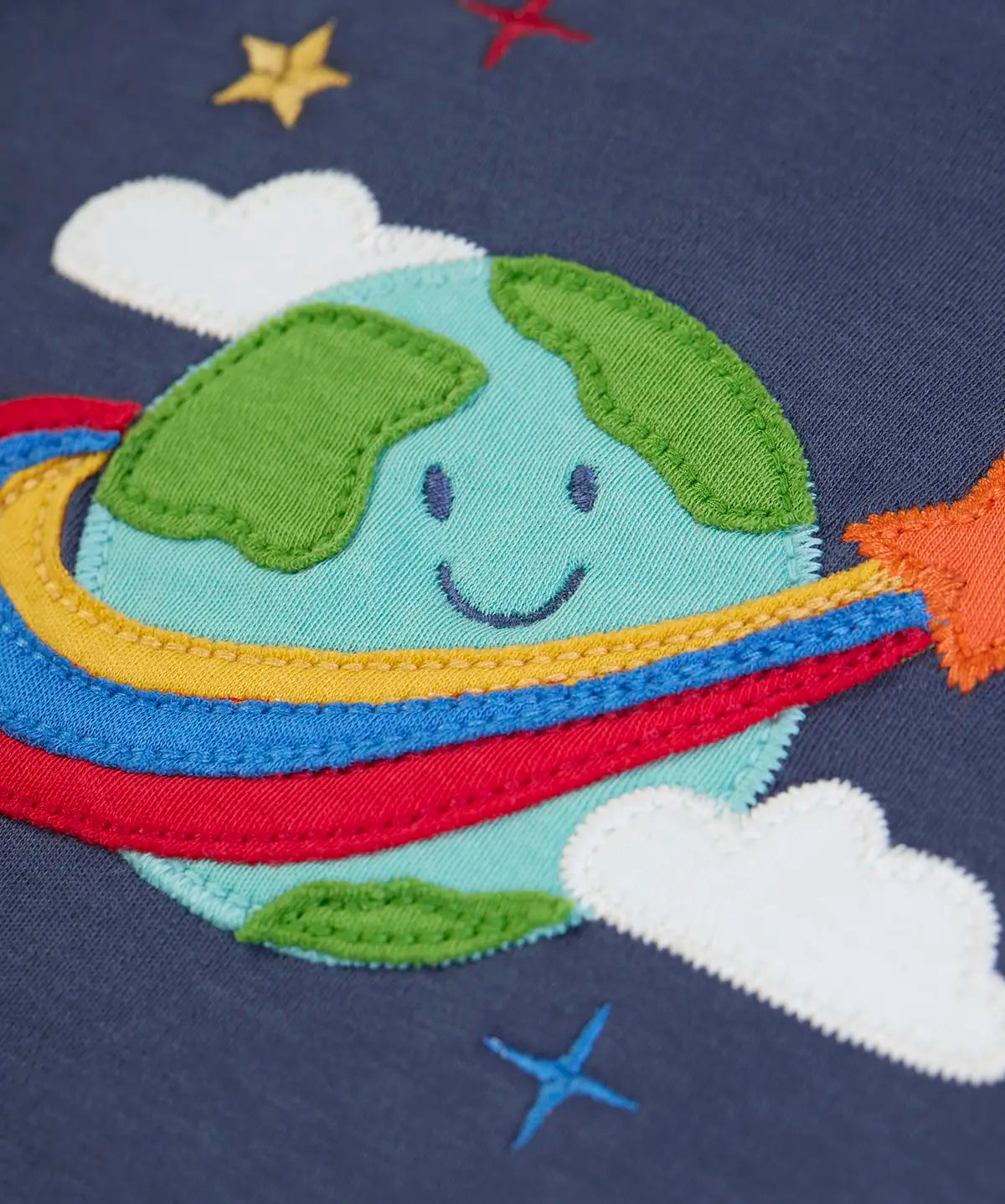 Frugi GOTS 100% organic cotton navy long sleeve top showing a close up of the cute planet earth applique