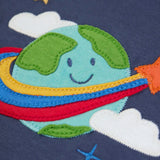 Frugi GOTS 100% organic cotton navy long sleeve top showing a close up of the cute planet earth applique
