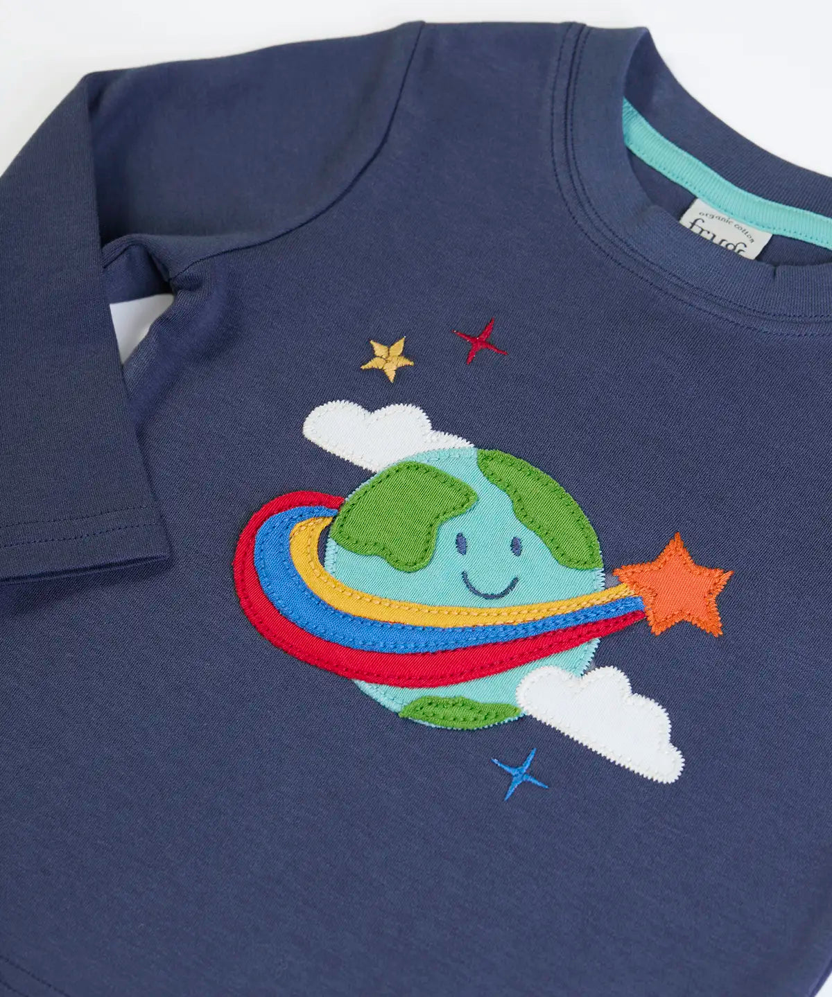 Frugi GOTS 100% organic cotton navy long sleeve top with a cute planet earth applique on the front