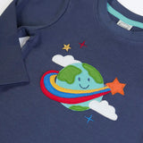 Frugi GOTS 100% organic cotton navy long sleeve top with a cute planet earth applique on the front