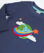 Frugi GOTS 100% organic cotton navy long sleeve top with a cute planet earth applique on the front