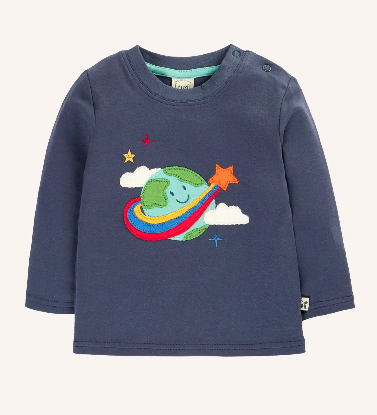 Frugi navy adventure circular top with earth applique on the front.