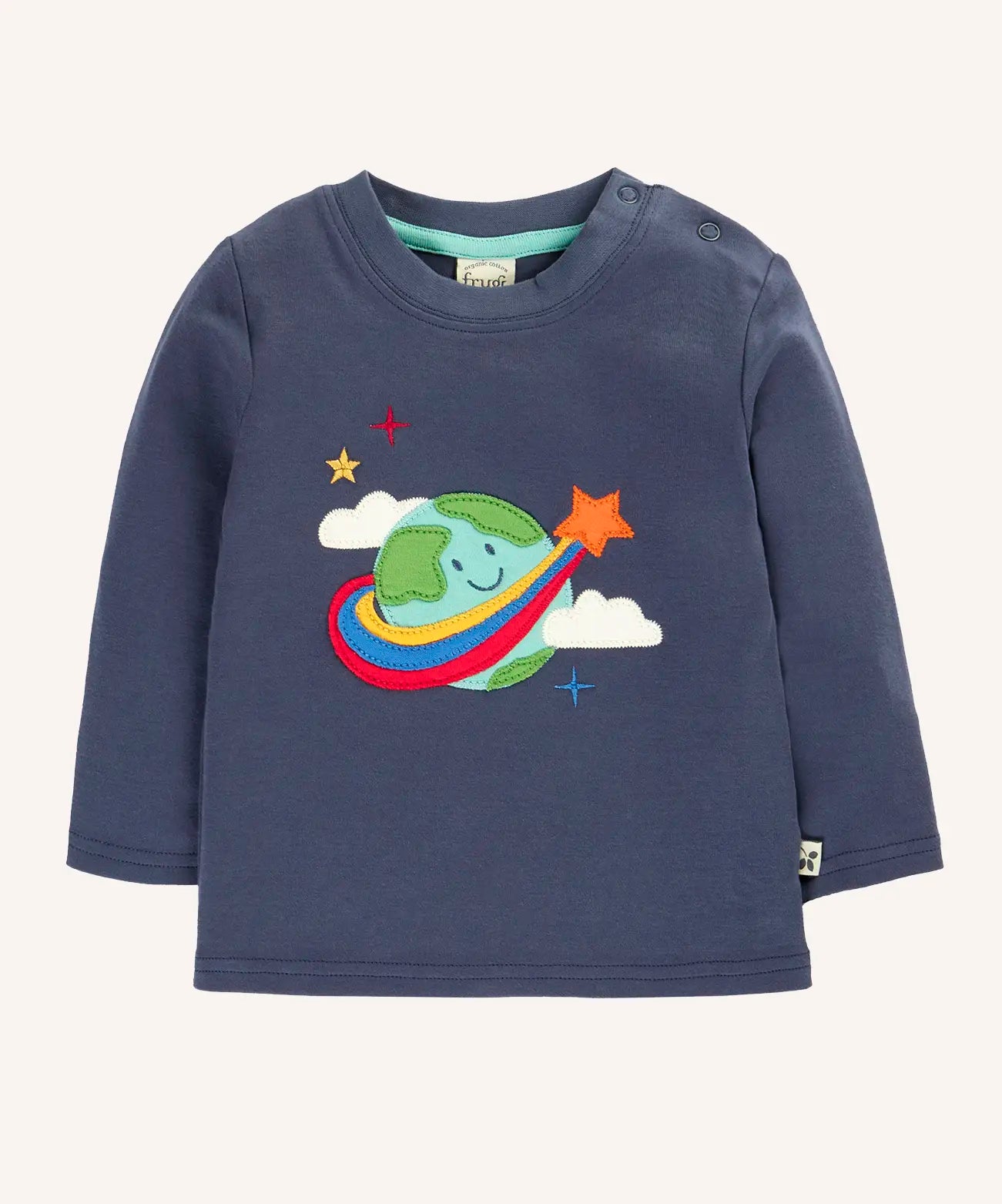 Frugi navy adventure circular top with earth applique on the front.