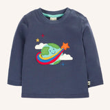 Frugi navy adventure circular top with earth applique on the front.