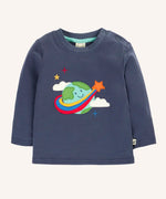 Frugi navy adventure circular top with earth applique on the front.