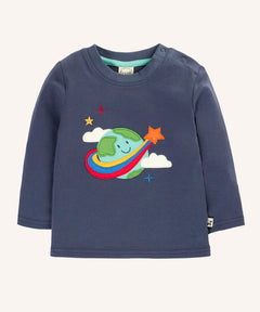 Frugi navy adventure circular top with earth applique on the front.