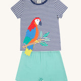 Frugi Marco Outfit laid flat, which includes a Navy Blue Stripe t-shirt with an embroidered Parrot, and shorts in the colour Moss.