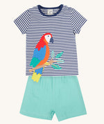 Frugi Marco Outfit laid flat, which includes a Navy Blue Stripe t-shirt with an embroidered Parrot, and shorts in the colour Moss.