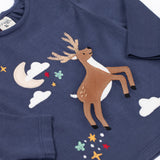 A close up of the front of the Frugi Navy Organic Cotton Caris Reindeer Applique Top. This top is a part of a wide range of organic cotton clothing for children available here at Babipur. 