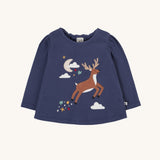 Frugi Navy Organic Cotton Caris Reindeer Applique Top. This top is a part of a wide range of organic cotton clothing for children available here at Babipur. 